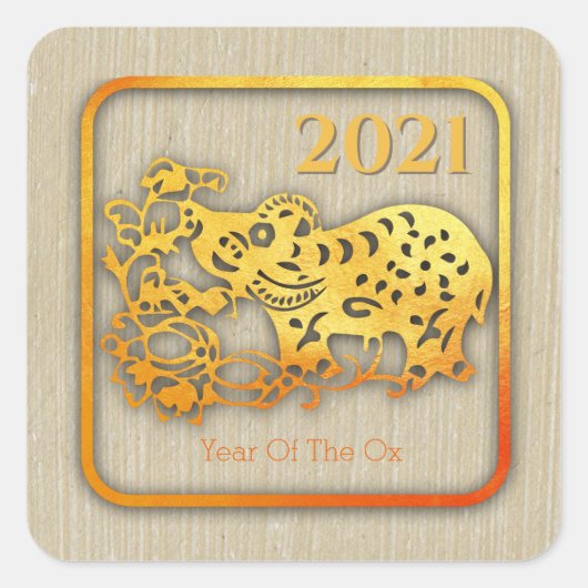 Gouden Chinese papier gesneden Ox Jaar 2021 SqS Vierkante Sticker (Voorkant)