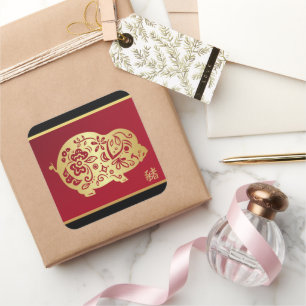 gouden Chinese Varken op zwart en rood Vierkante Sticker