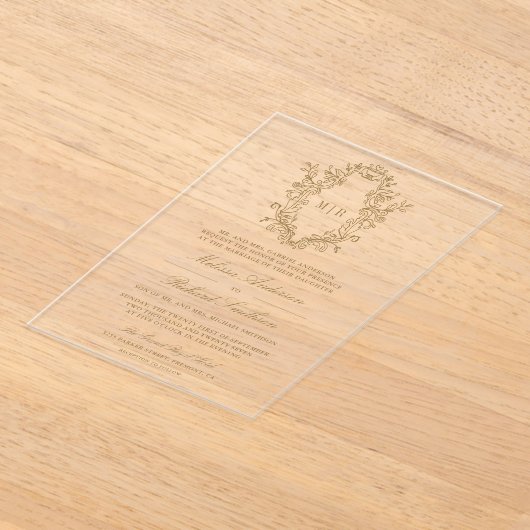 Gouden Chinoiserie Crest Monogram Huwelijk Acryl Uitnodigingen (Laagn)