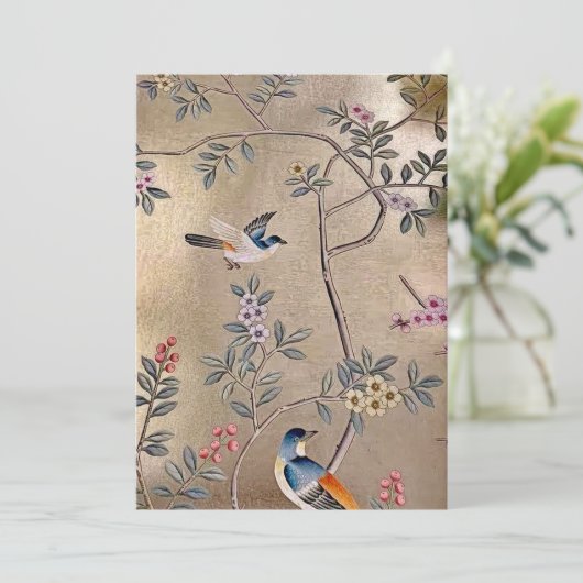 Gouden Chinoiserie met Song Birds en Blossoms Kaart (Staand voorkant)