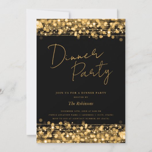 Gouden chique verlichting Script Dinner Party Zwar Kaart (Voorkant)