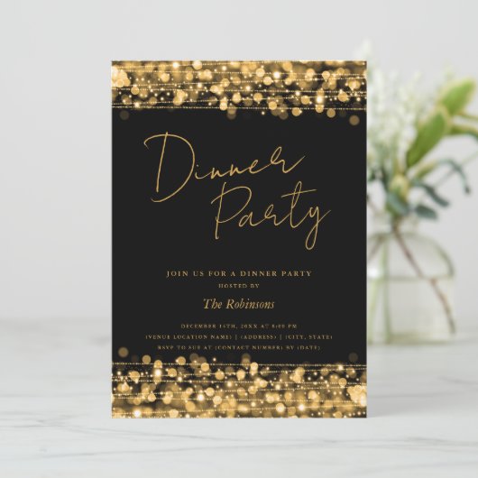Gouden chique verlichting Script Dinner Party Zwar Kaart (Staand voorkant)