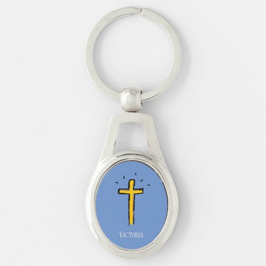 Gouden christelijk kruis blauw aangepaste naam sleutelhanger (Voorkant)