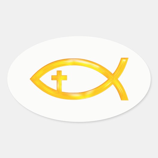 Gouden Christelijk vissymbool met kruisbeeld Ovale Sticker (Voorkant)