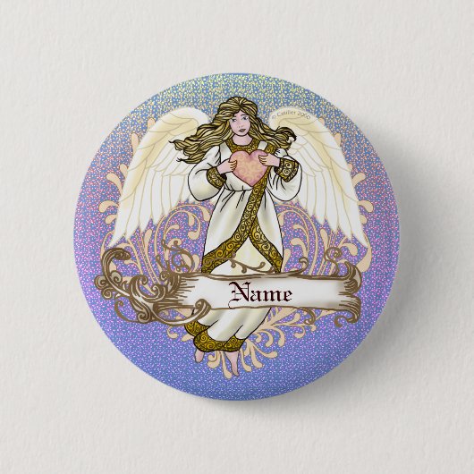 Gouden Christelijke Engel Hart   Ronde Button 5,7 Cm (Voorkant)