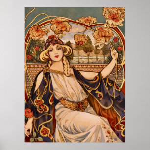 Gouden Chrysanthemum Muse – Art Nouveau Bloemstuk Poster