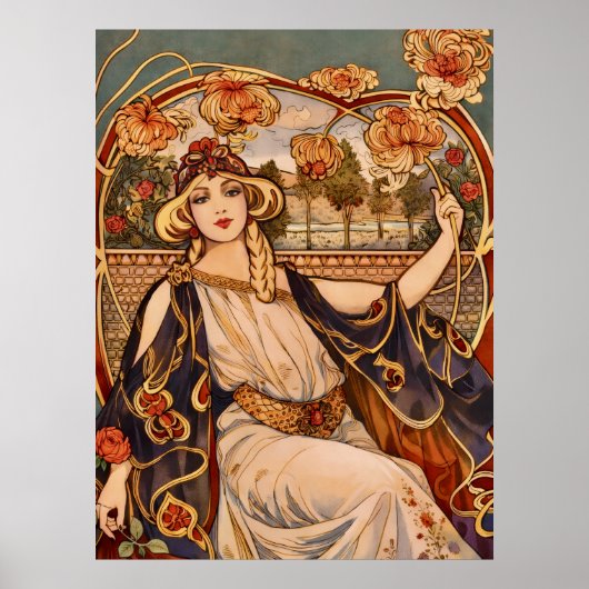 Gouden Chrysanthemum Muse – Art Nouveau Bloemstuk  Poster (Voorkant)