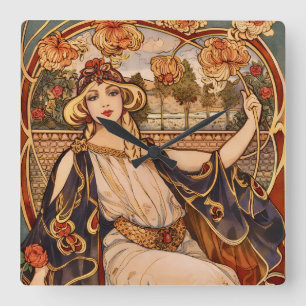 Gouden Chrysanthemum Muse – Art Nouveau Bloemstuk Vierkante Klok