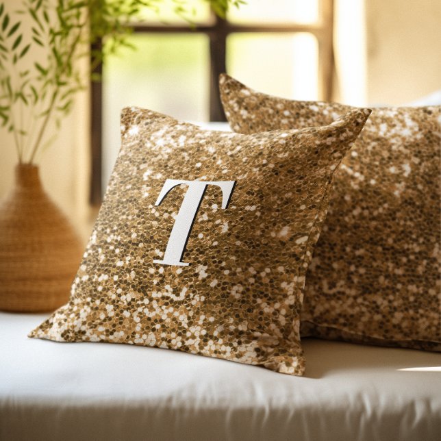 Gouden Chunky Glitter Monogrammed Kussen (Gold Chunky Glitter Monogrammed Throw Pillow)