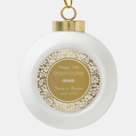 Gouden cirkels en witte damast- 50ste Jubileum Keramische Bal Ornament