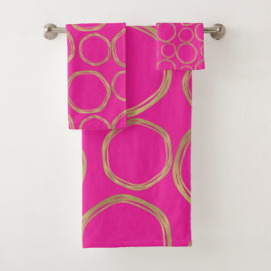 Gouden Cirkels & Heet Roze Helder Moderne Trendy Bad Handdoek