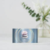Gouden Cirkels Lotus Blauw Zen Stones Metallic Visitekaartje (Staand voorkant)