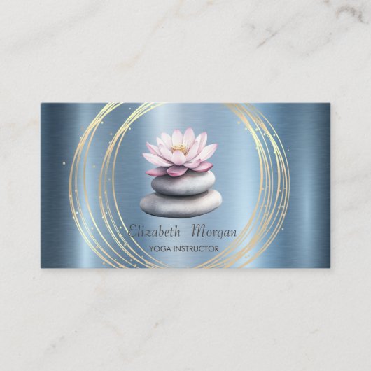 Gouden Cirkels Lotus Blauw Zen Stones Metallic Visitekaartje (Voorkant)