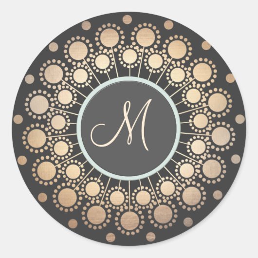 Gouden Cirkels Monogrammed Zwart Ronde Sticker (Voorkant)