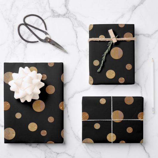 Gouden Cirkels Polka Dots Geometrisch Zwart Inpakpapier Vel (Voorkant)