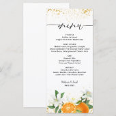 Gouden Citrus Oranje Script Bloemige Trouwdag Menu (Voorkant / Achterkant)