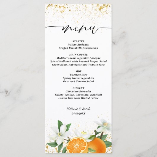 Gouden Citrus Oranje Script Bloemige Trouwdag Menu (Voorkant)
