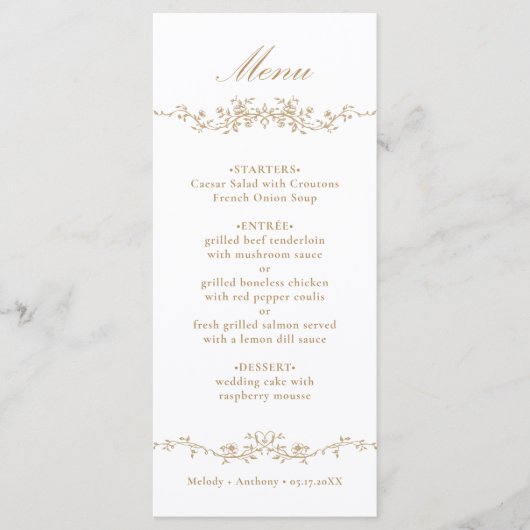 Gouden Classic Bloemen Border Wedding Menu (Voorkant)