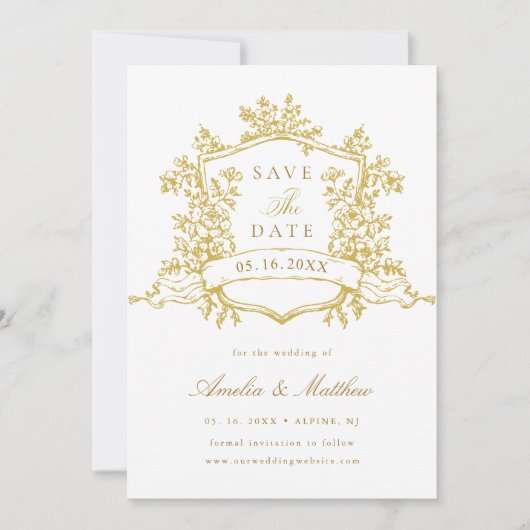 Gouden Classic Floral Crest Wedding Save The Date (Voorkant)