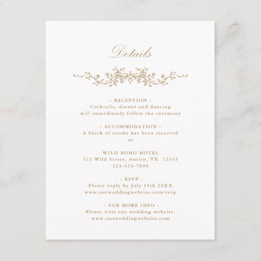 Gouden Classic Franse Bloemen Trouwdetails Informatiekaartje (Voorkant)