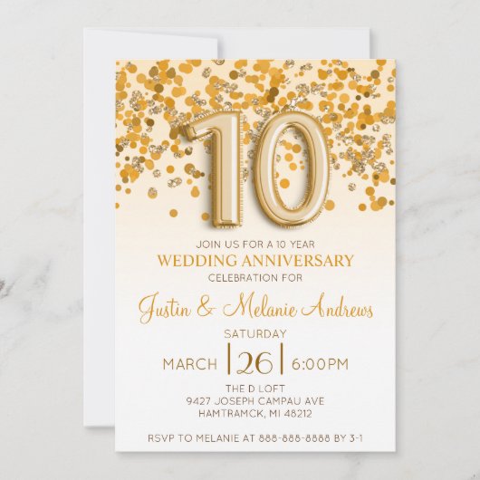 Gouden Confetti 10de Huwelijksjubileum Uitnodiging (Voorkant)
