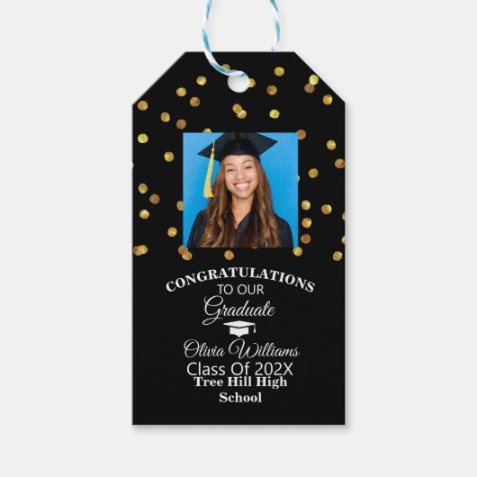 Gouden Confetti Afstuderen foto afstudeerfeest Cadeaulabel (Voorkant)