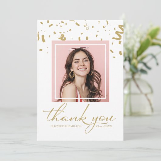 Gouden Confetti Afstuderen Foto Dank u Bedankkaart (Staand voorkant)