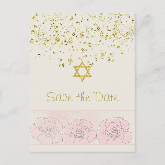 Gouden confetti Bat Mitswa Save the Date Briefkaar Aankondigingskaart (Voorkant)