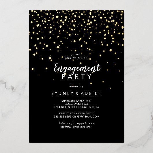 Gouden Confetti|Black Engagement Party Goud Folie Uitnodiging (Voorkant)
