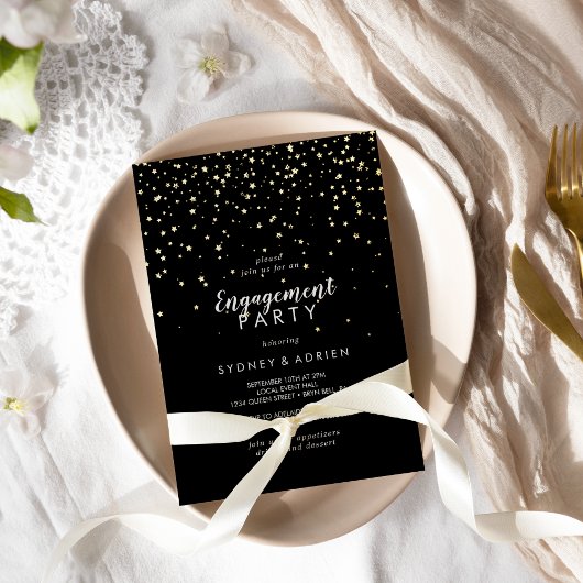 Gouden Confetti|Black Engagement Party Goud Folie Uitnodiging