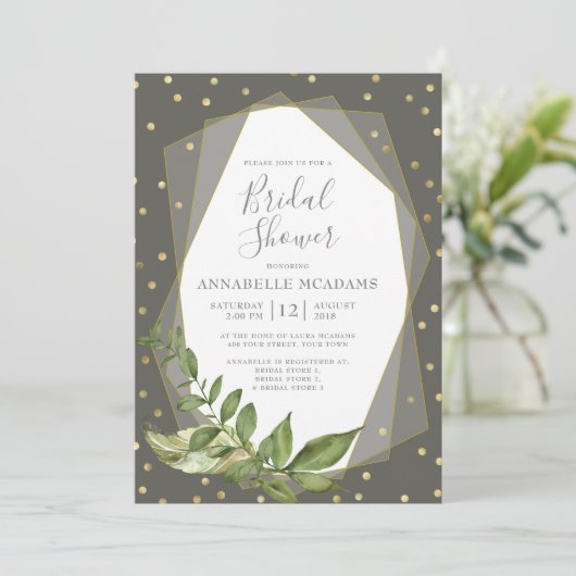 Gouden Confetti Bladeren Grijs Geometrisch Vrijgez Kaart (Staand voorkant)