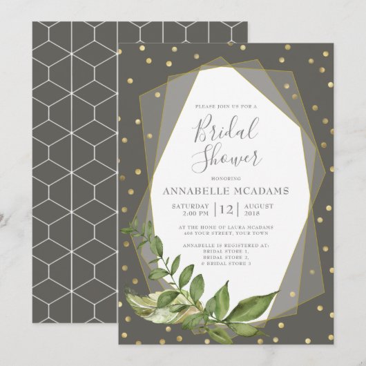 Gouden Confetti Bladeren Grijs Geometrisch Vrijgez Kaart (Voorkant / Achterkant)