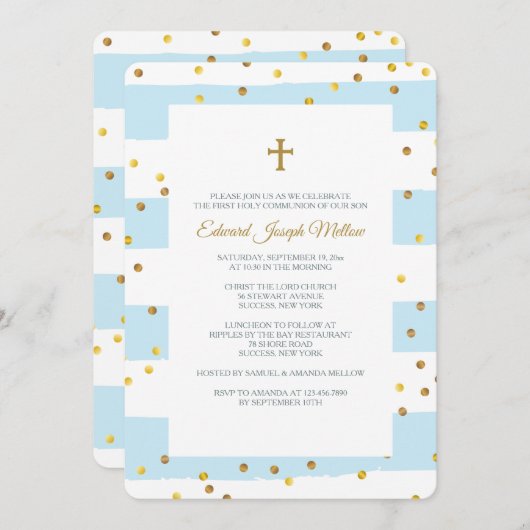 Gouden Confetti Blauw Religieuze Uitnodiging (Voorkant / Achterkant)