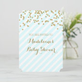Gouden Confetti Blauwe Strepen Baby Douche Uitnodi Kaart (Staand voorkant)