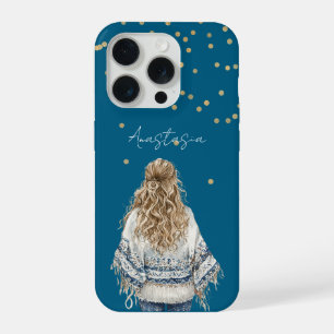 Gouden Confetti Blauwe Trui Blond Meisje iPhone 15 Pro Case