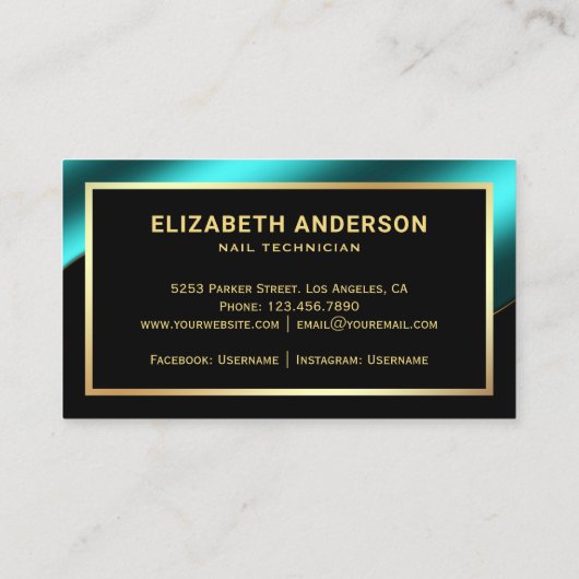 Gouden Confetti Blauwgroen Blauw Nail Poolse Manic Visitekaartje (Achterkant)