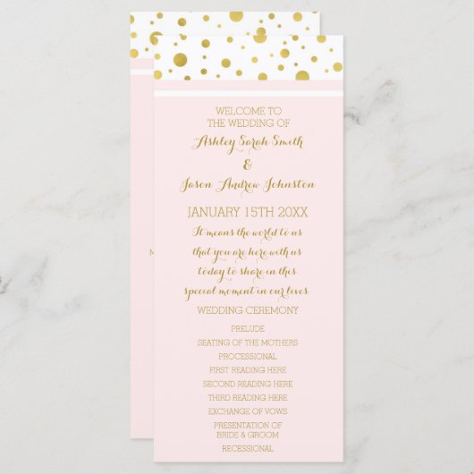 Gouden Confetti Blush Roze Huwelijksprogramma Programmakaart (Voorkant / Achterkant)
