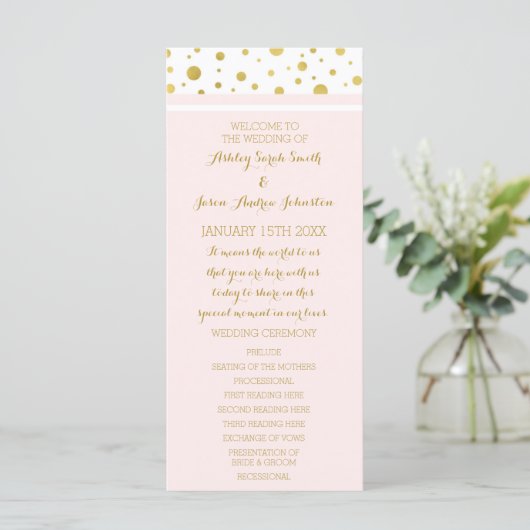 Gouden Confetti Blush Roze Huwelijksprogramma Programmakaart (Staand voorkant)