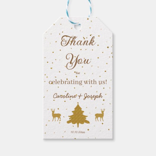 Gouden Confetti, Bomen & Glitter Herten Bruiloft Cadeaulabel (Voorkant)