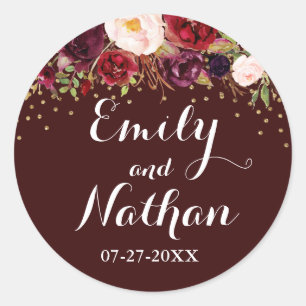 Gouden confetti bordeaux bloemrijke herfst trouwst ronde sticker