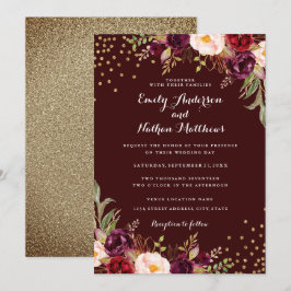 Gouden confetti bordeauxrode bloemen bruiloftsinva kaart