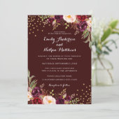 Gouden Confetti Bourgondië Floral bruiloft uitnodi Kaart (Staand voorkant)