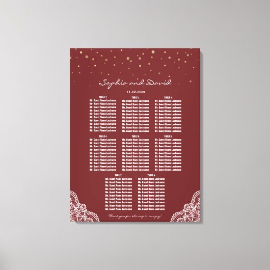 Gouden Confetti Bourgondië Kant Trouw Stoelen Plat Canvas Afdruk (Voorkant)