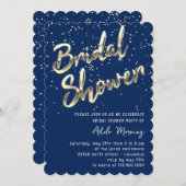 Gouden confetti bruidsshower script blauw marinebl kaart (Voorkant / Achterkant)