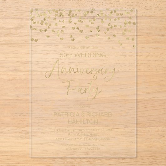 Gouden Confetti bruiloft Jubileum Acryl Uitnodigingen (Voorkant)