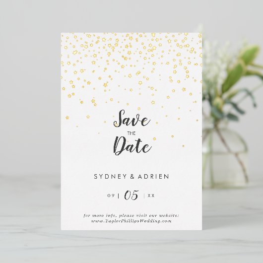 Gouden Confetti bruiloft Save The Date Gold Folie Uitnodiging (Staand Voorkant)