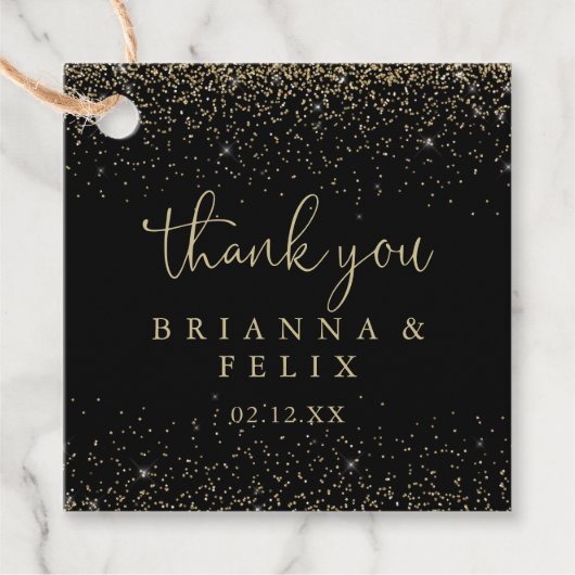 Gouden Confetti Calligrafie Fancy Script Bruiloft Bedankjes Labels (Voorkant)