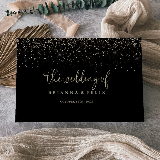 Gouden Confetti Calligrafie Fancy Script Bruiloft  Gastenboek