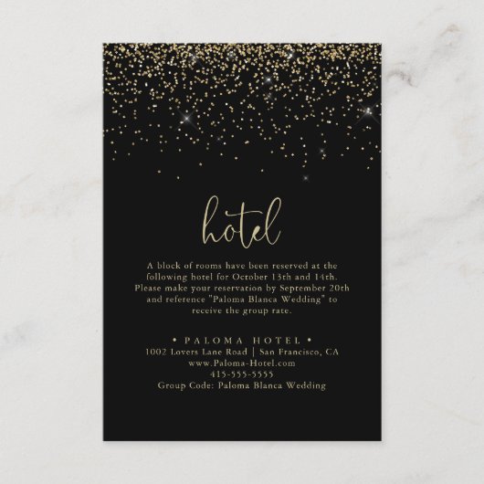 Gouden Confetti Calligrafie Fancy Script Hotel Informatiekaartje (Voorkant)