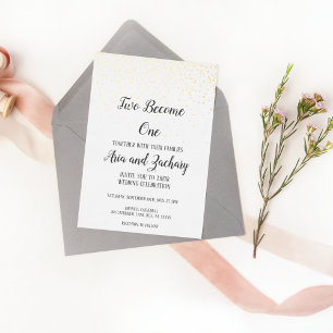 Gouden Confetti Calligrafie Twee Worden Eén Trouw  Folie Uitnodiging